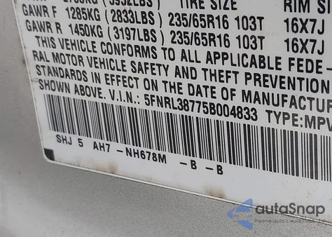 2005 Honda Odyssey Ex-L z USA, uszkodzony, nr VIN 5FNRL38775B004833